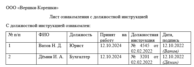 Самостоятельное ознакомление с листом должностной инструкции