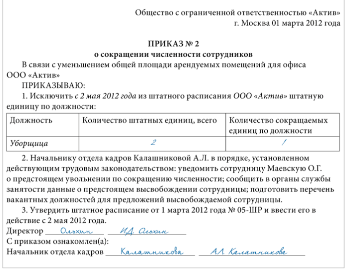 Приказ по сокращению численности работников образец